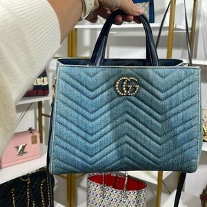 SOLD! STUNNING Gucci Marmont Denim Chevron bag. blue leather top handle & strap.